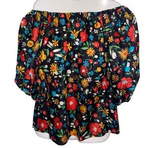 Vintage Joseph Magnin Blouse Womens Small Silky Puff Sleeve Tropical Top & Scarf